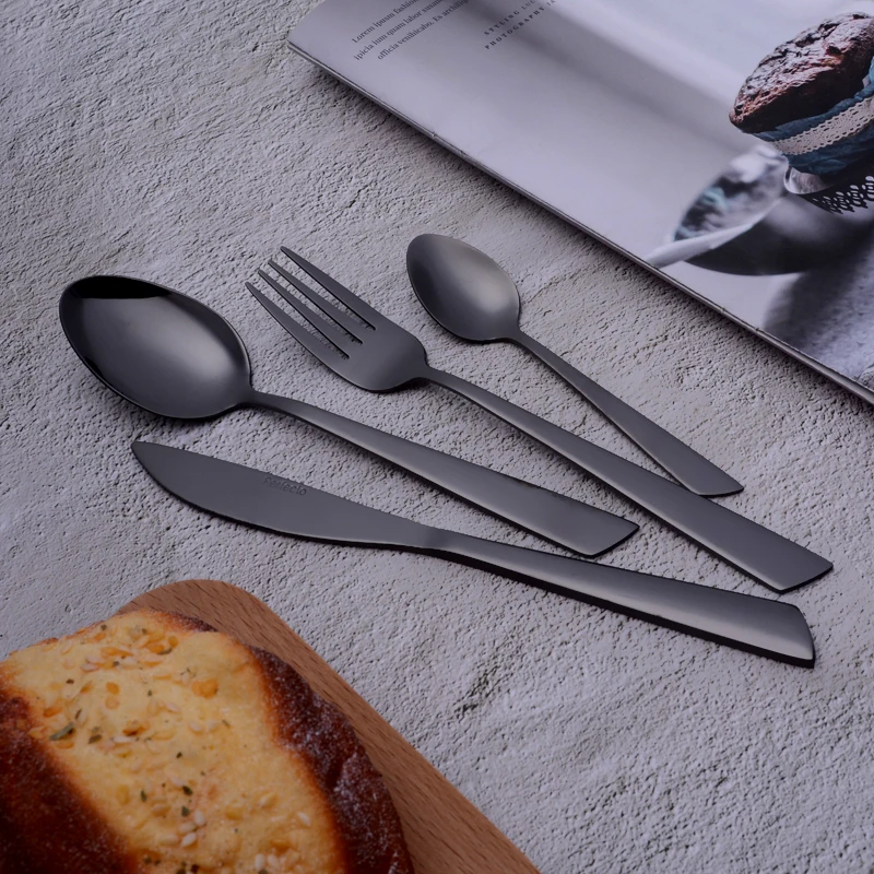 High quality Modern 16 Pieces Utensils Cutlery Forks Spoons Restaurant Mirror Polished Stainless Steel Black Flatware