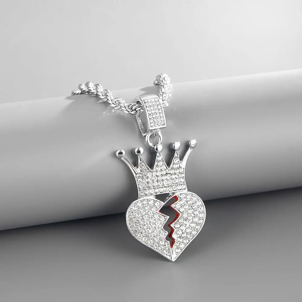 PJ-C501 New Hip Hop Punk Crown Broken Heart Zircon Pendant Lovers Necklace Cuba Chain