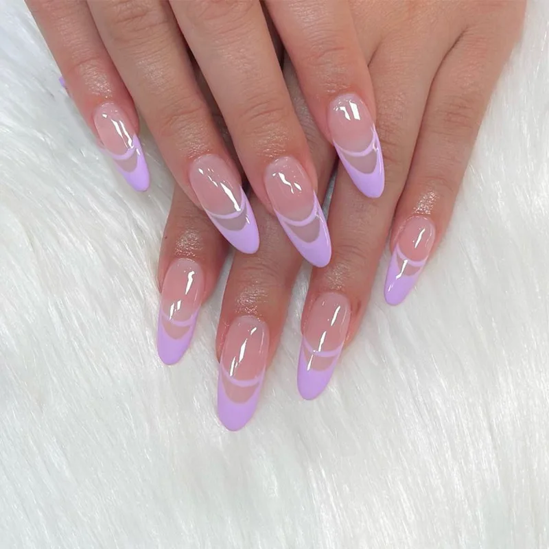 2022 New Styles Luxury Pre Design 2022 New Arrival French Stiletto Almond Light Blue Press On Fake False Nails