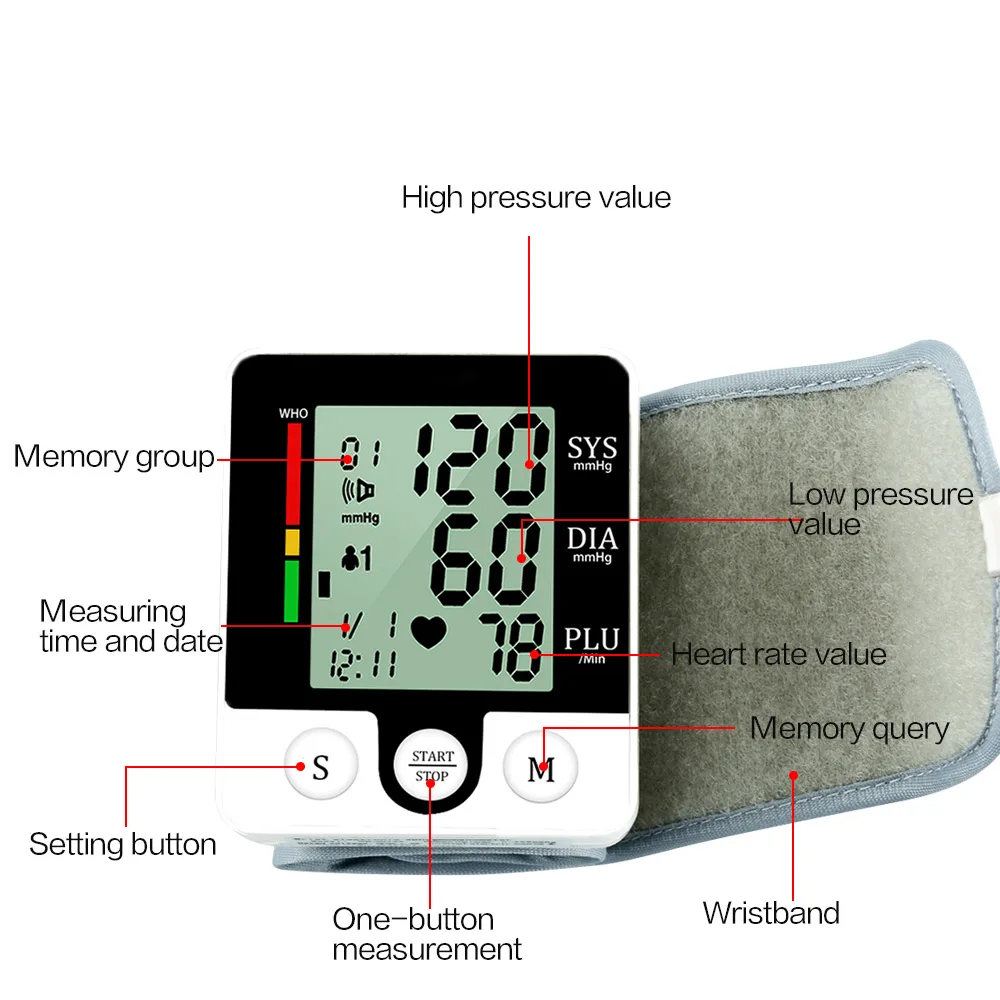 Wholesale LCD Wrist Blood Pressure Monitor Heart Beat Rate Pulse Blood Pressure Meter Digital BP Machine Sphygmomanometer