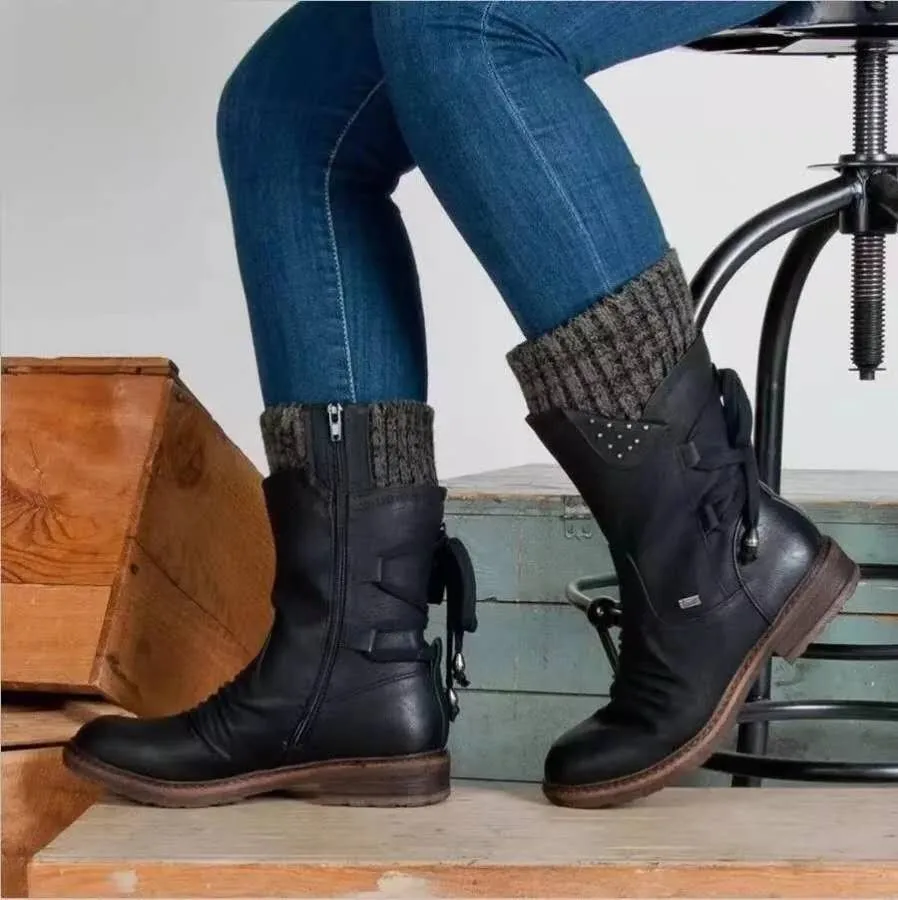 Cheap wholesale shoes 2020 Women Boots winter High Quality girls Flat Heel Boot Fashion Mid-Calf Knitting Patchwork shoes