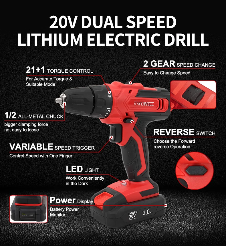 KAFUWELL PA4955A 21 В Профессиональная беспроводная дрель портативные электроинструменты двухскоростные электрические мощные ударные дрели