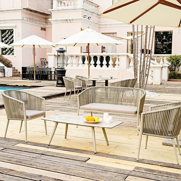 (E7083) Современная легкая уличная мебель, садовый ротанговый диван, комплект патио с подушкой