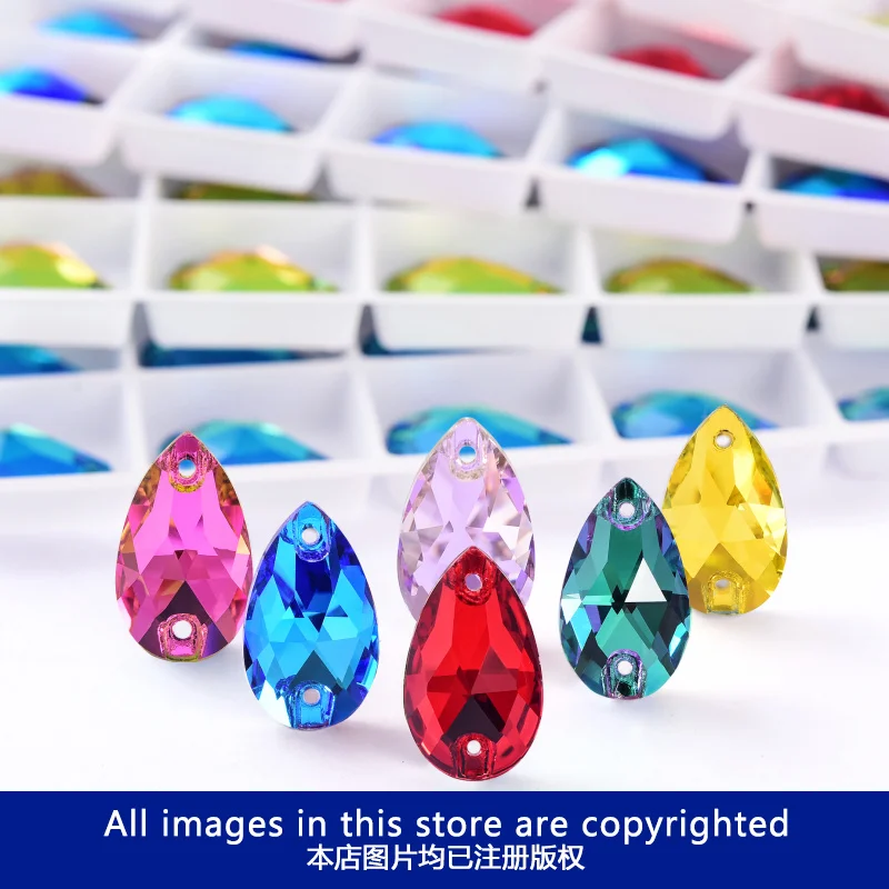 BOBOHOO Wholesale Flat Back Teardrop Sew On Crystal Stones Glass Big Crystals Gold Back Sewing Rhinestones for Fashion Dresses