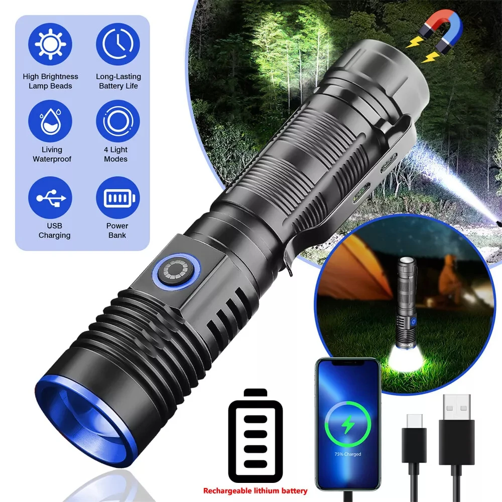 White Laser Power Bank with Tail Magnet, Telescopic Zoom, Rechargeable via USB, LED Tactical Torch for Outdoor - Flashlights