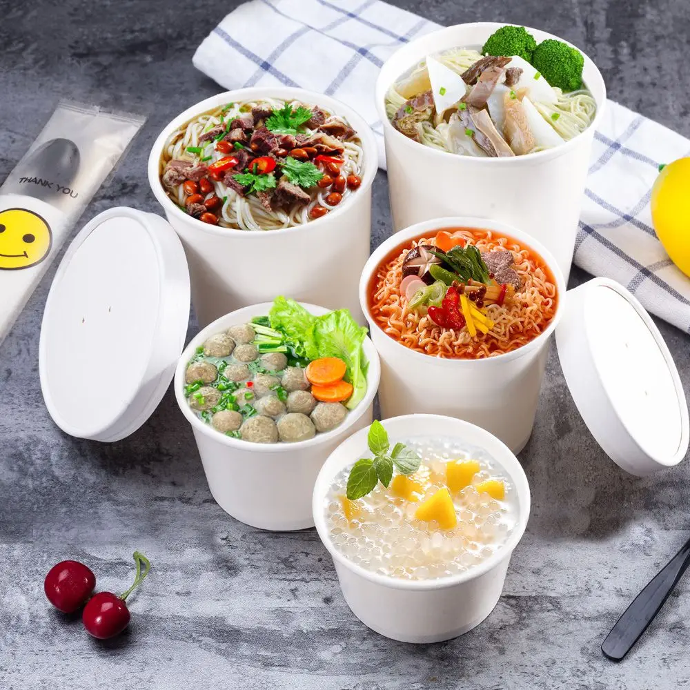 Disposable takeaway food packaging white paper soup packaging cup with lid