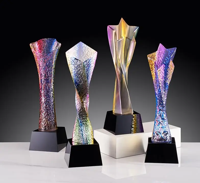 ADL High Quality Colorful Five star Column Pillar Crystal trophy / Optical Star Twist Column Crystal Award Trophy Medal