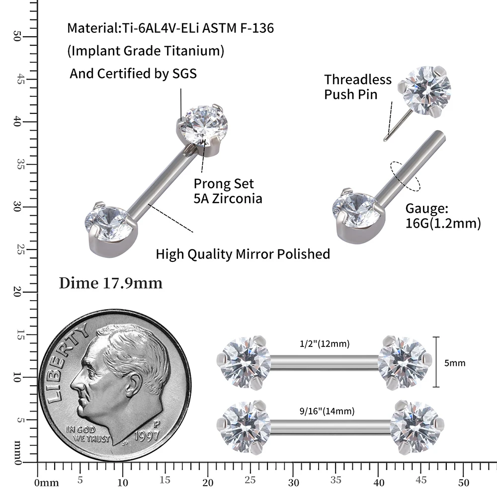Right Grand Implant Grade ASTM F136 Titanium Threadless Implant Prong Setting Zircon Nipple Ring Piercings