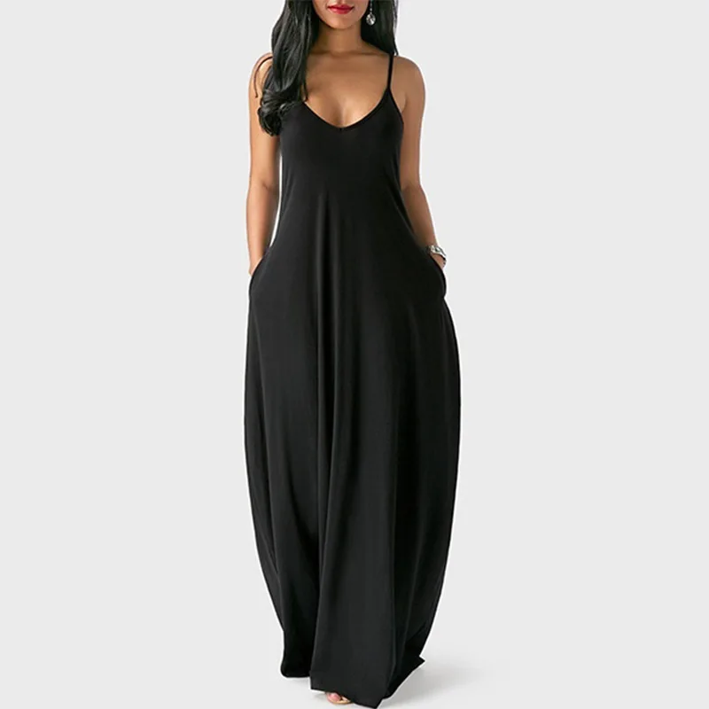 Women Pocket Long Dress Sexy V-Neck Sleeveless Loose Casual Dresses Summer Spaghetti Strap Solid Color Beach Maxi Dress S-5XL