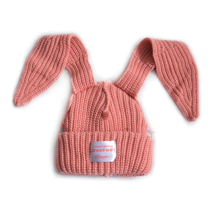 New Stylist Double Layer Thickening Rabbit Ear Knit Hats with Cloth Tag Luxury Beanie for Women