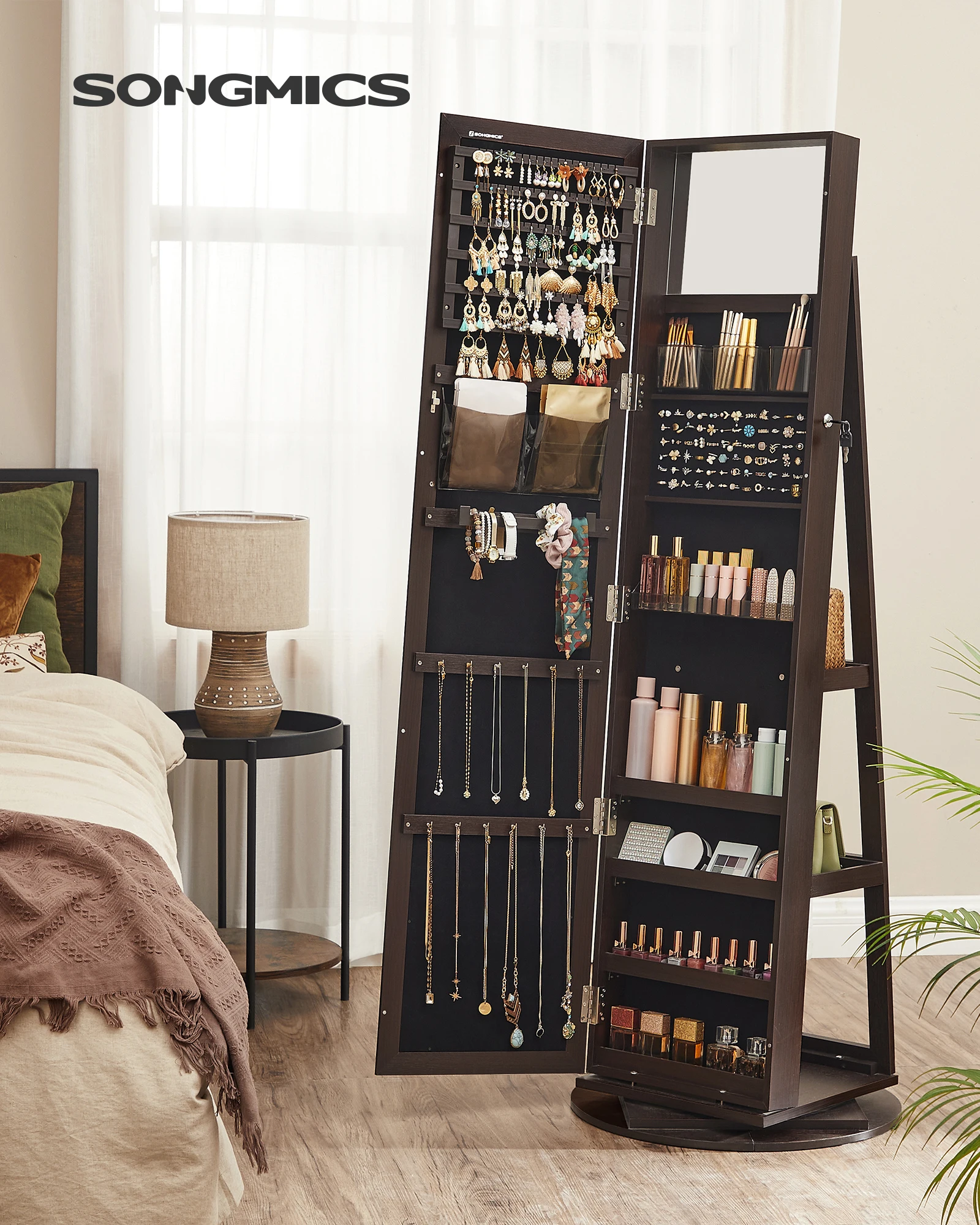 SONGMICS Bedroom Furniture New Design Storage 360 Swivel Standing Mirror Jewelry Cabinet