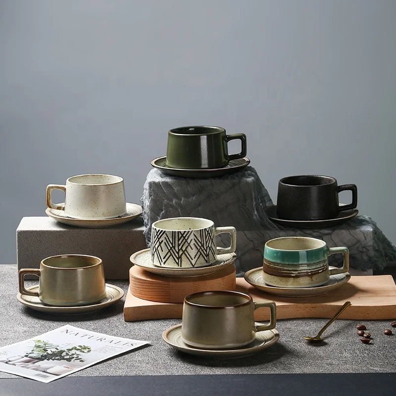 255ml Japanese style Creamic Coffee Mug Handmade Retro Porcelain Breakfast Cup Hand Punch Coffee Cup And Saucer Gift Set