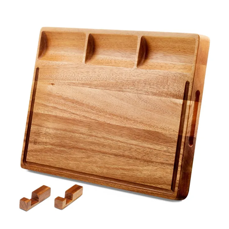 Кухонный очень толстый блок для измельчения древесины акации двусторонний мясник 3 отсека набор разделочных досок пищевых продуктов с держателем