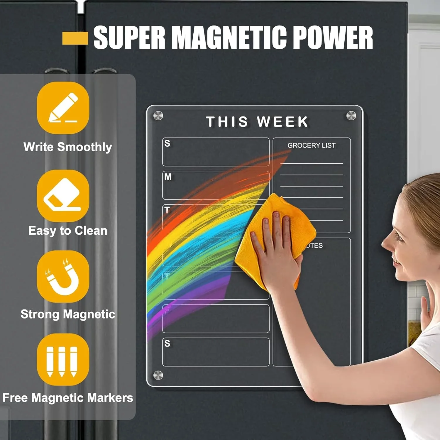 16Inches Crystal Acrylic Fridge Planner Dry Erase Magnetic Whiteboard Kitchen Grocery List Hanging Calendar Board With Marker