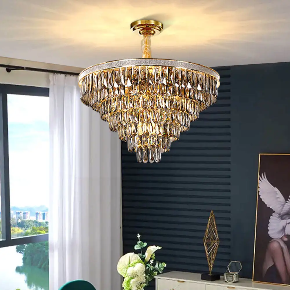 Modern Classic Layered Smoky Crystal Pendant Light Lamp Restaurant Dinning Room Polished Nickel Frame Glass Chandelier