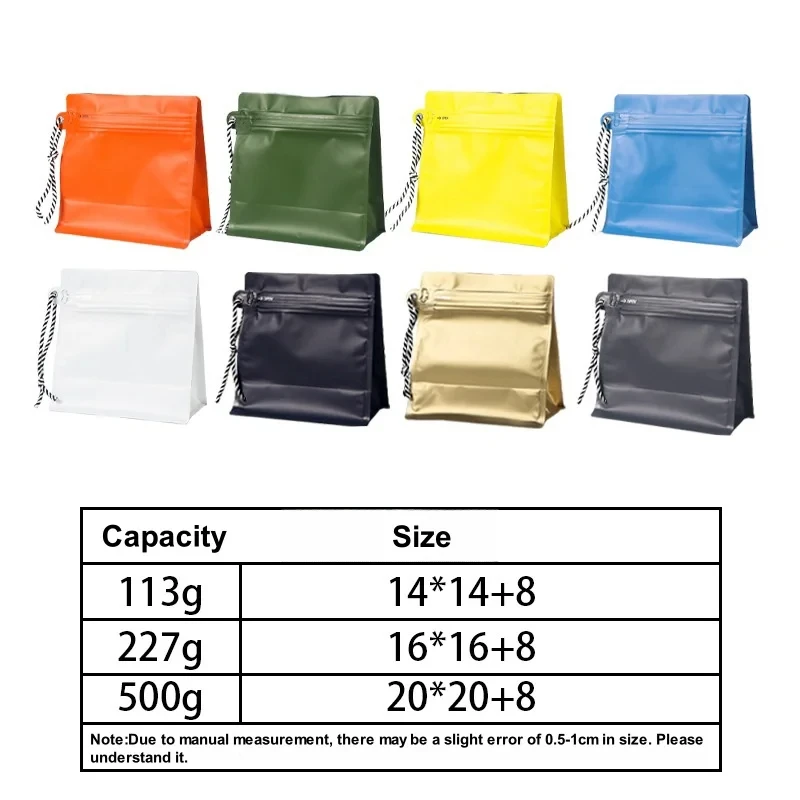 Custom Packaging Colored Valve Coffee Beans Resealable Bag 500G 250G 200G 100G Flat Bottom Zipper Stand Up Pouch With Lanyard