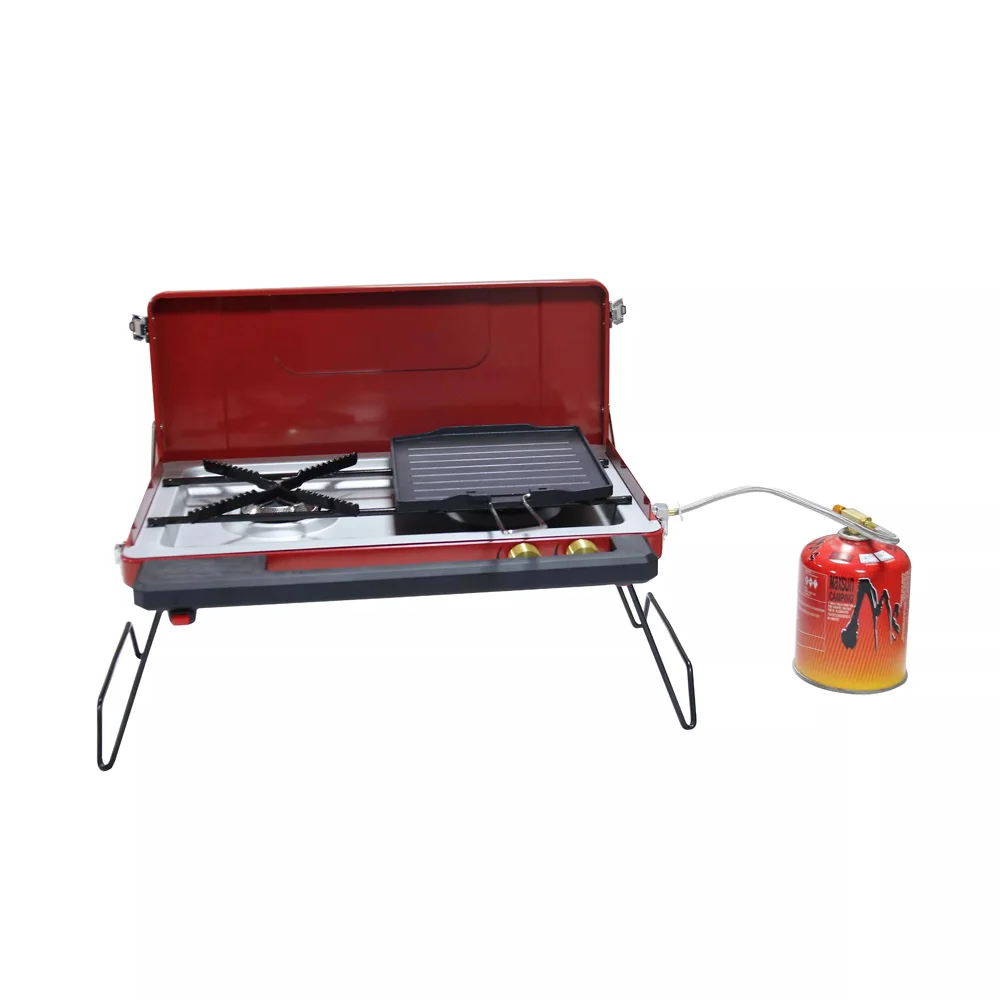 Gas Camping Stove in 22,000 BTU Portable Propane 2 Burner Stove topBuilt-in Carrying Handle, Foldable Legs, Wind Panels