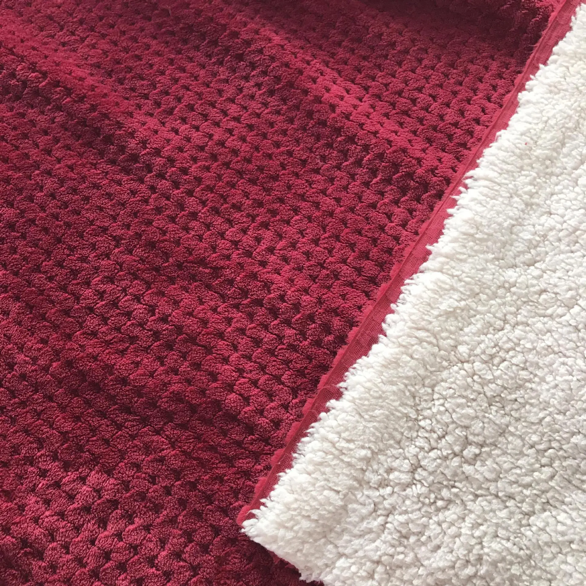 Red Plaid Fabric 490GSM Heavy Thick Brushed Bonded Jacquard Popcorn Flannel Sherpa Fleece Small Check Knit 100% Polyester Plain