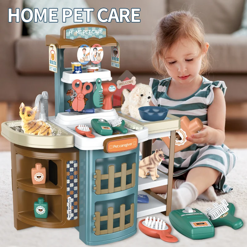 2 IN 1 Multi-function Pet Care Table Storage Suitcase Pet Wash Set Toys Educational Pretend Pet Kit for Children