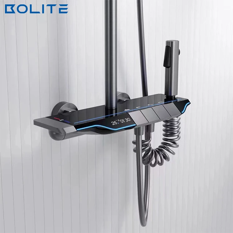 Cold And Hot Led Digital Display Screen No Battery Hydraulic Power 4 Way Rainfall Piano Key Shower Set