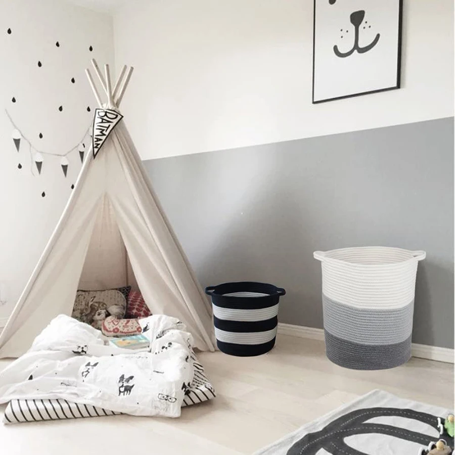 Woven Cotton Rope Storage Basket Laundry Hamper Basket Foldable Container