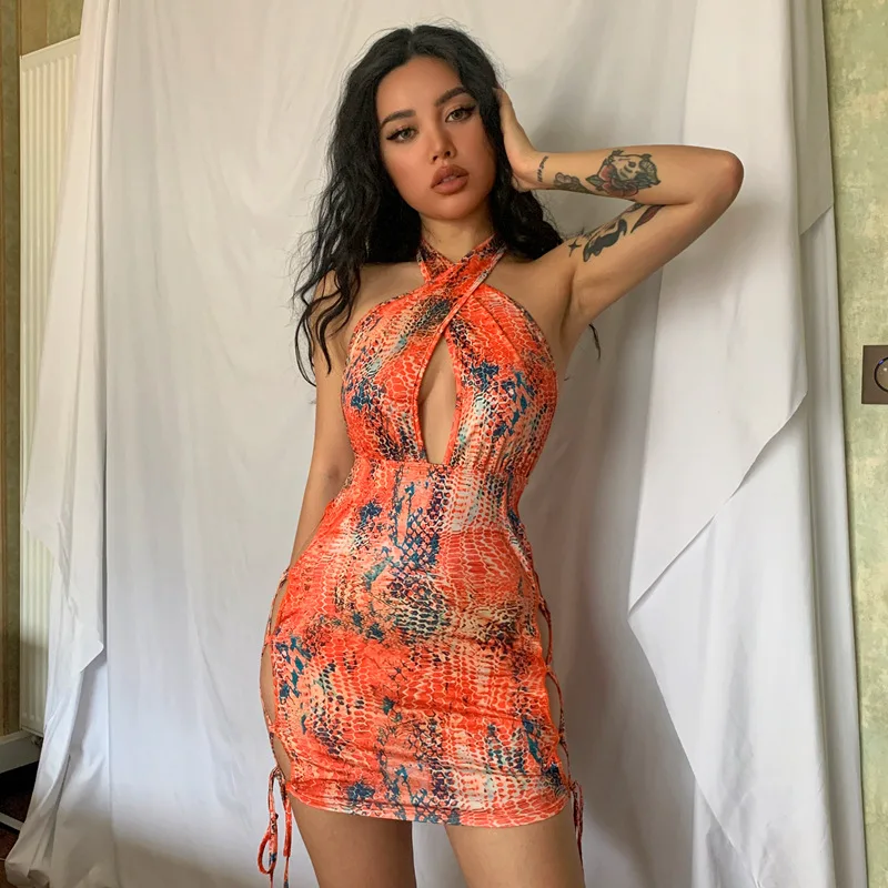 Latest Summer Fashion Beach Sexy Hollow Out Snake Print Backless Sleeveless Cross Halter Night Club Mini Dress