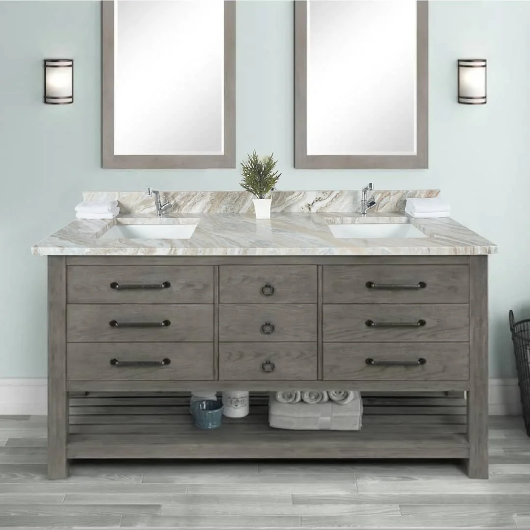 Natural Marble Wall Mounted Bathroom Vanity with LED Backlit Mirrored Cabinets