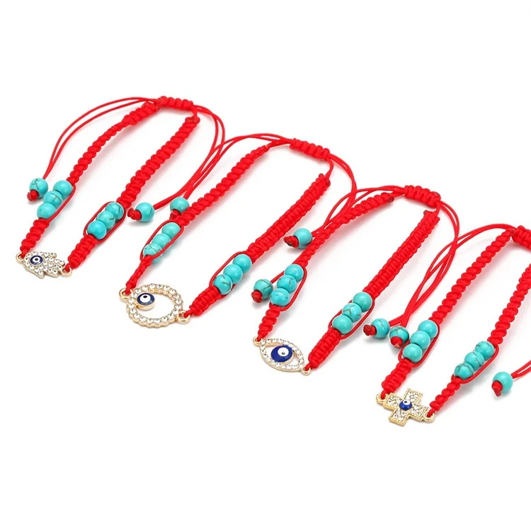 Blue Eye Bracelet Simple Weave Turquoise Red Rope Diamond Inlay Cross Shaped Punk Fashion Jewelry Charm Bracelet For Couple 1