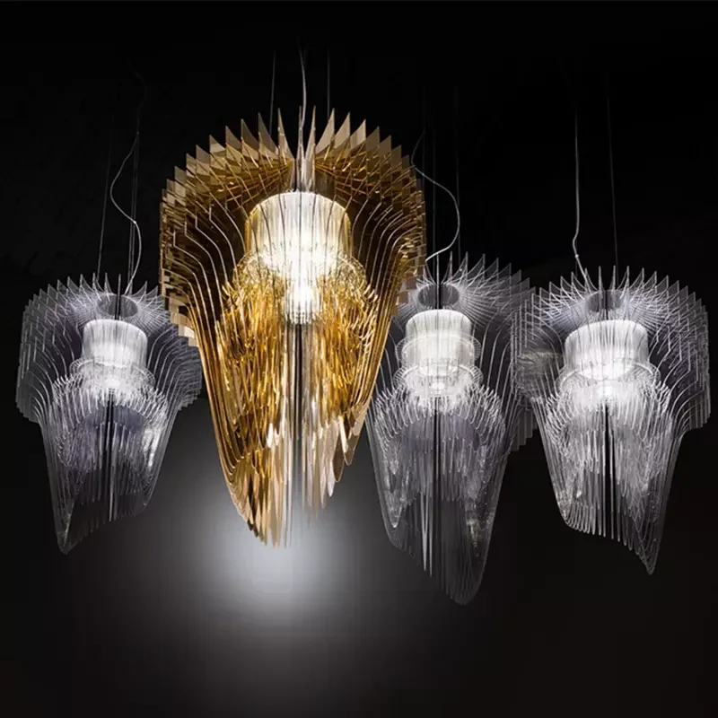 Modern Luxury Hotel Lobby Acrylic High Ceiling Crystal Decor Gold Led Chandelier Lamp Staircase Pendant Lights