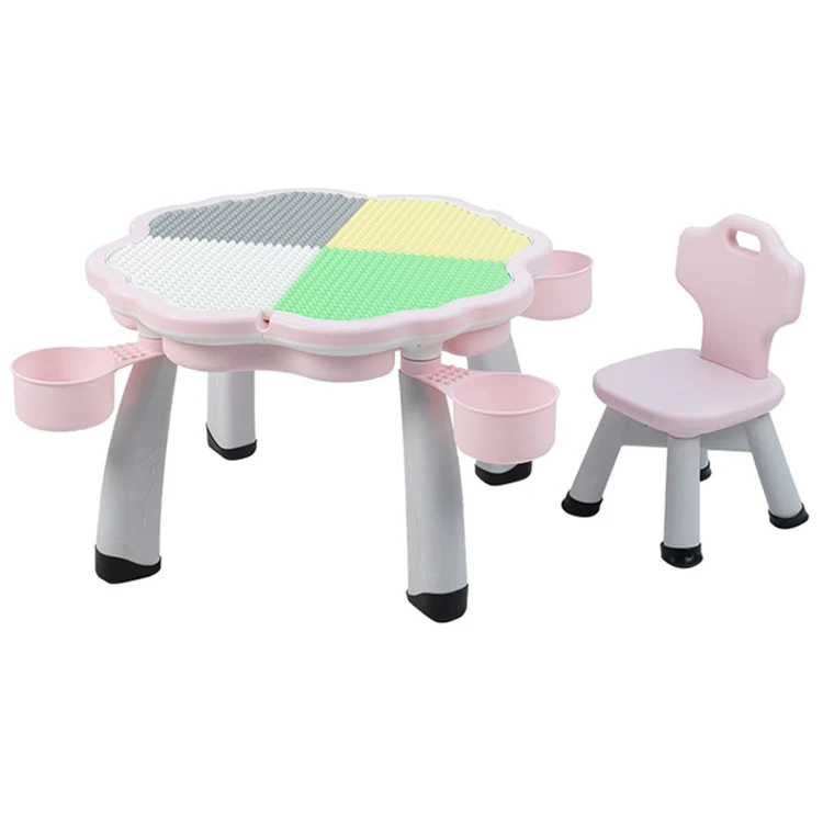 Eco-friendly Flower Shape Multifunction Plastic building blocks kids table with chair