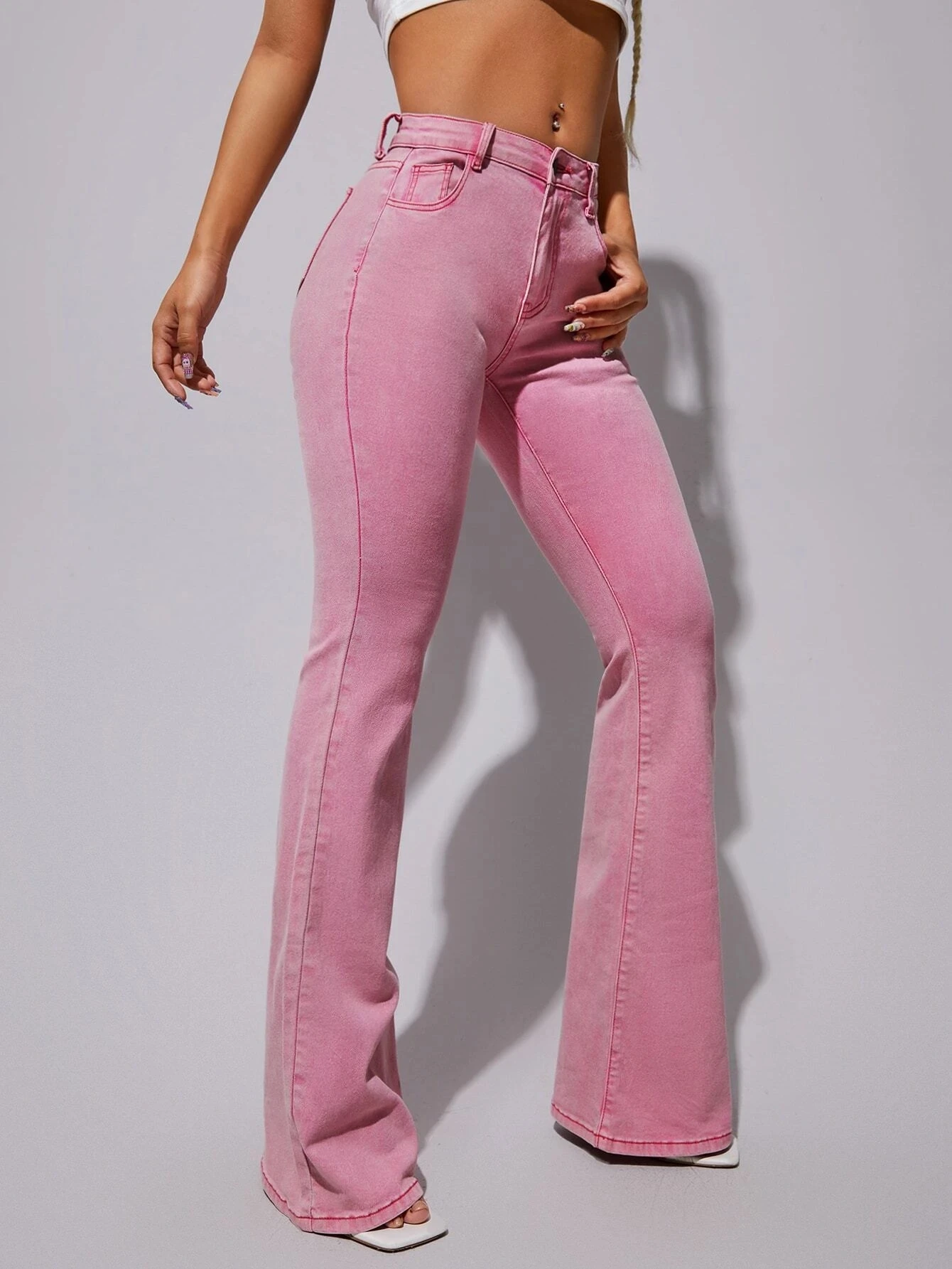 New Fashion Pink twill Garment dye jeans high Waist big Flare denim Jeans Long leg pink pants  For Women