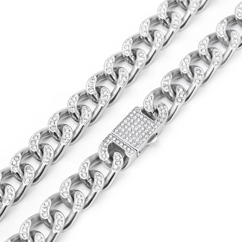 European punk heavy metal hip Hop jewelry 13mm stainless steel Cuban Chain necklace set with diamond 18K gold necklace