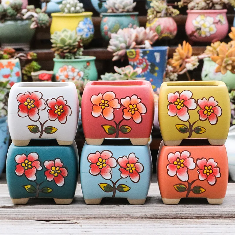 Hand-painted Succulent Pot Coarse Pottery Ceramic Green Planter