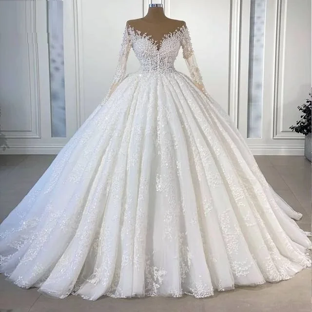 New arrival Luxury princess  wedding dress Long Sleeve Beaded pearl  Ball Gown big train bridal gown