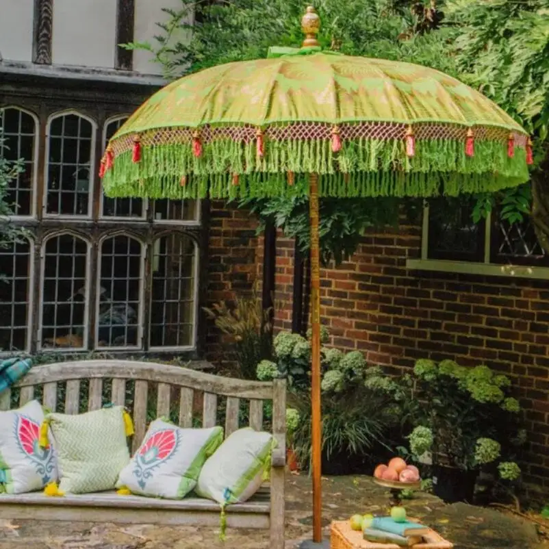 2m Vintage Furniture Handcrafted London Outdoor Garden Sun Parasol with Fringe Tassels, Boho Bali Yard Patio Poolside Umbrellas