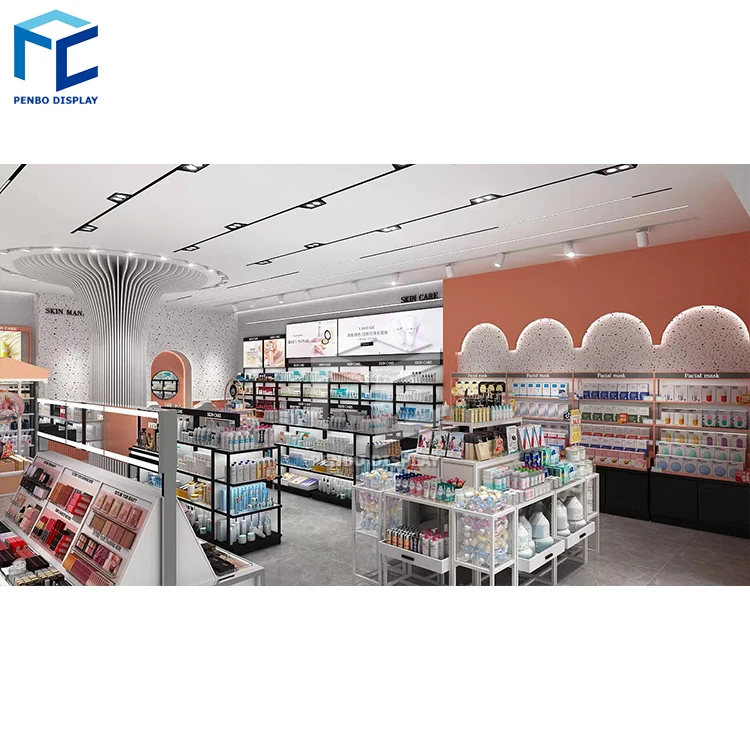 Custom Wooden Wall Cosmetic Shelves Display Cabinet And Makeup Display Wall Showcase
