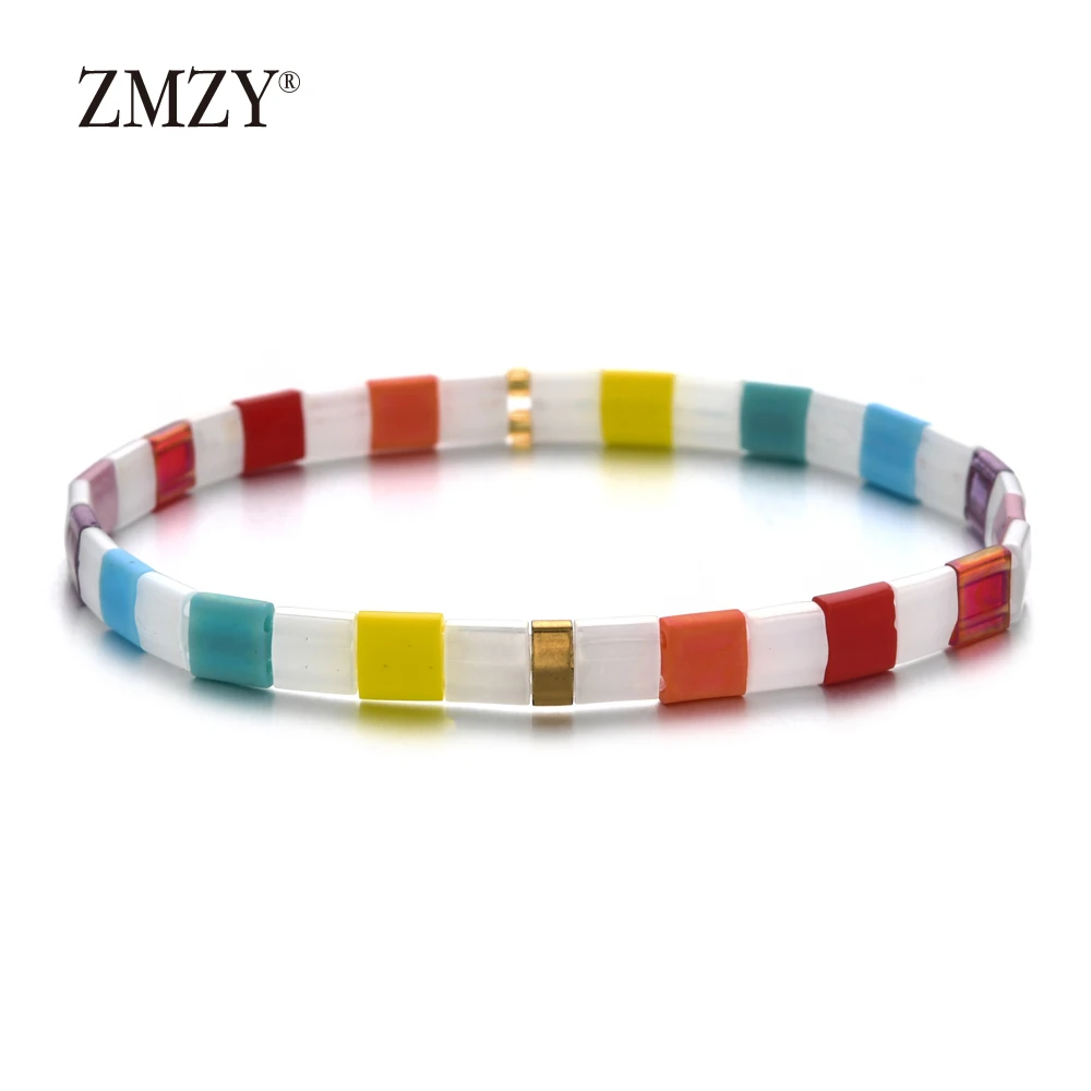 Popular Bohemia New Design Miyuki Bead Elastic Bracelet Rainbow Painted Color Tile Beads Handmade Enamel Bracelet