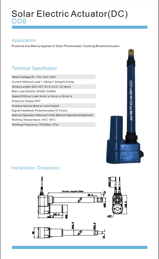 ONEPOWER 12 v 24 v 36 v  electric  linear actuator solar panel energy Electric Linear Actuator For Solar Tracker