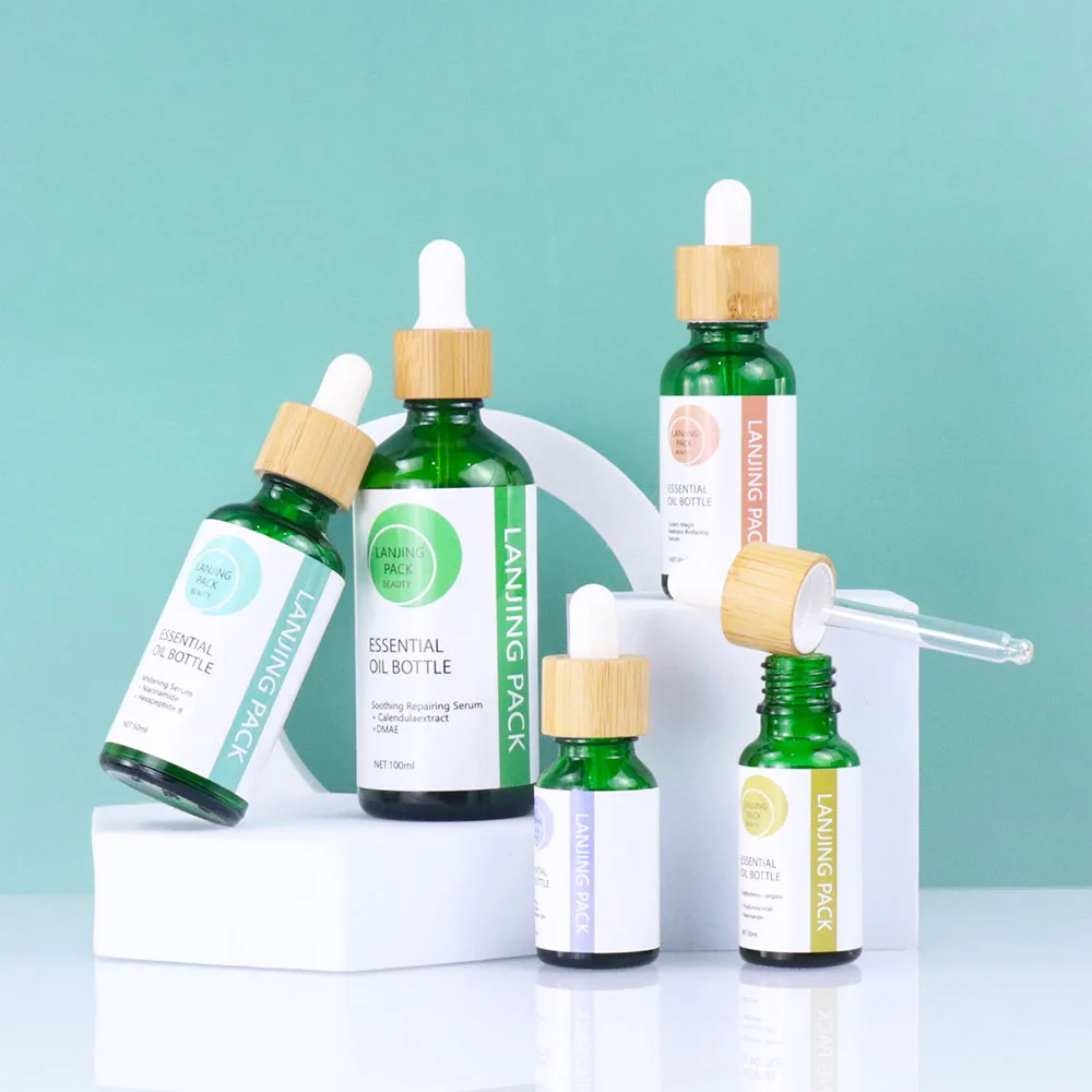 5ML 10ML 15ML 20ML 30ML 50ML  100ML Essential Oil Serum Round  Green Dropper Bottle WIth Label