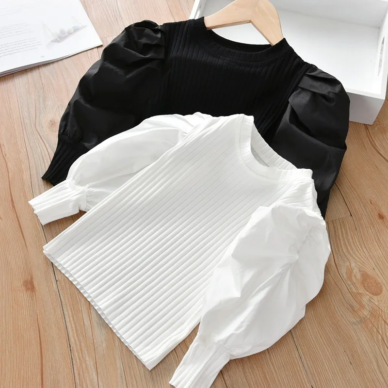 
P107053 2021 spring autumn black white pure cotton girls tops puff sleeves patchwork kids shirts 
