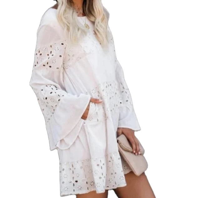 Women Summer Round Neck Backless Mini Hippie Boho Embroidery Sundress Casual dress