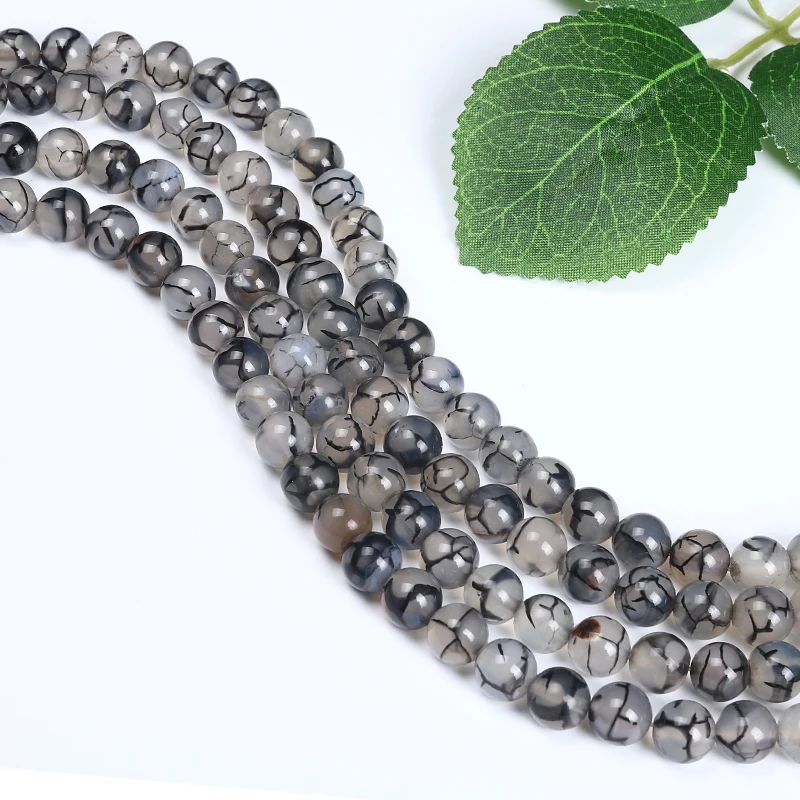 Fashion 4-12mm Natural Gemstone Smooth Loose Beads Black Dragon Pattern Agate Beads for Jewelry Making