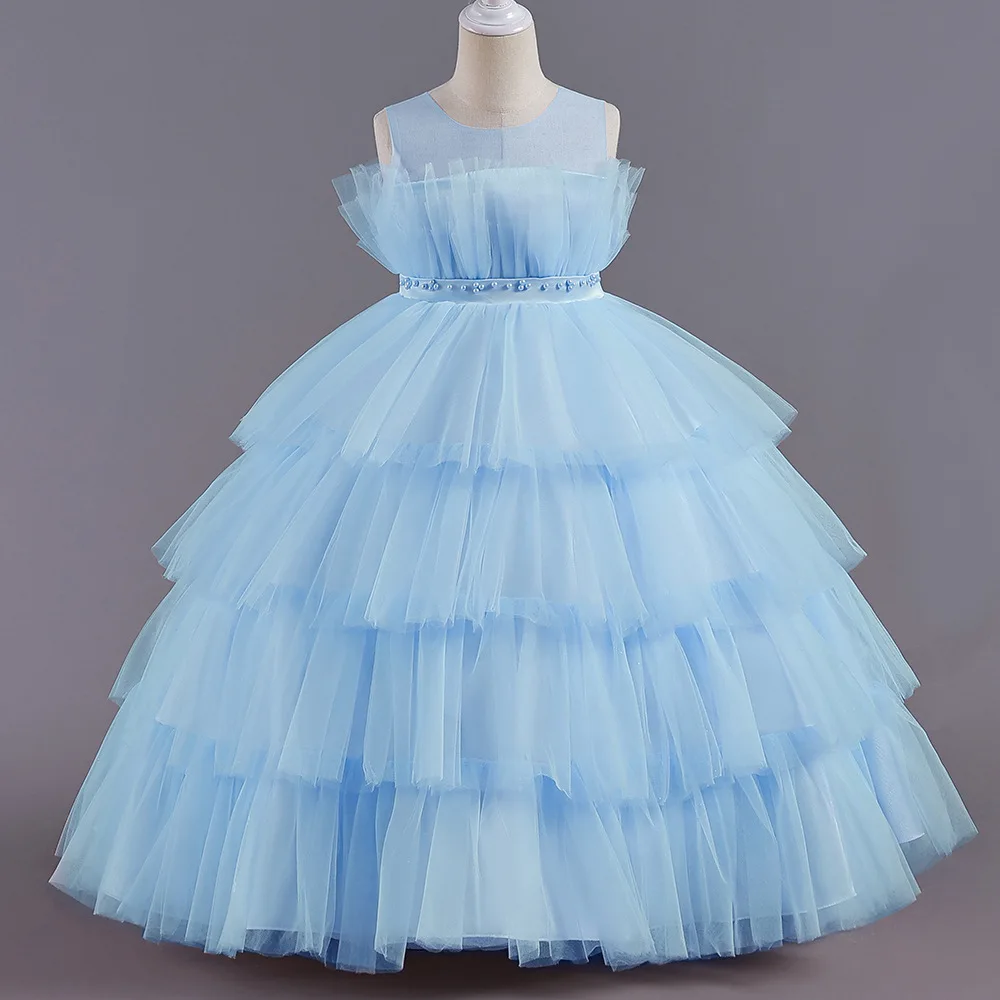 mqatz new dress for girl pink cake puffy tulle dress children clothes party birthday Embroidered for 7 year AL009