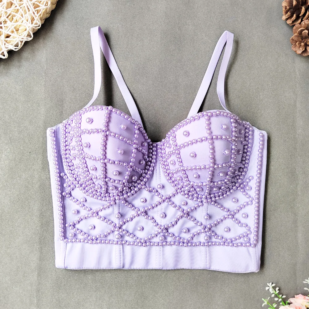 High Quality Manufactory Handmade Women Ladies Straps Crop Boning Padded Corsage Corselet Bustier Pearl Corset Top With Beads