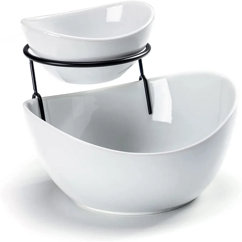 Ceramic 2 tier chip and dip with metal rack stand porcelain tiered fruit candy salad serving bowl set