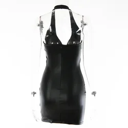 Wholesale autumn new PU leather dress street photo hot girls tight sexy back hanging neck dresses women lady elegant