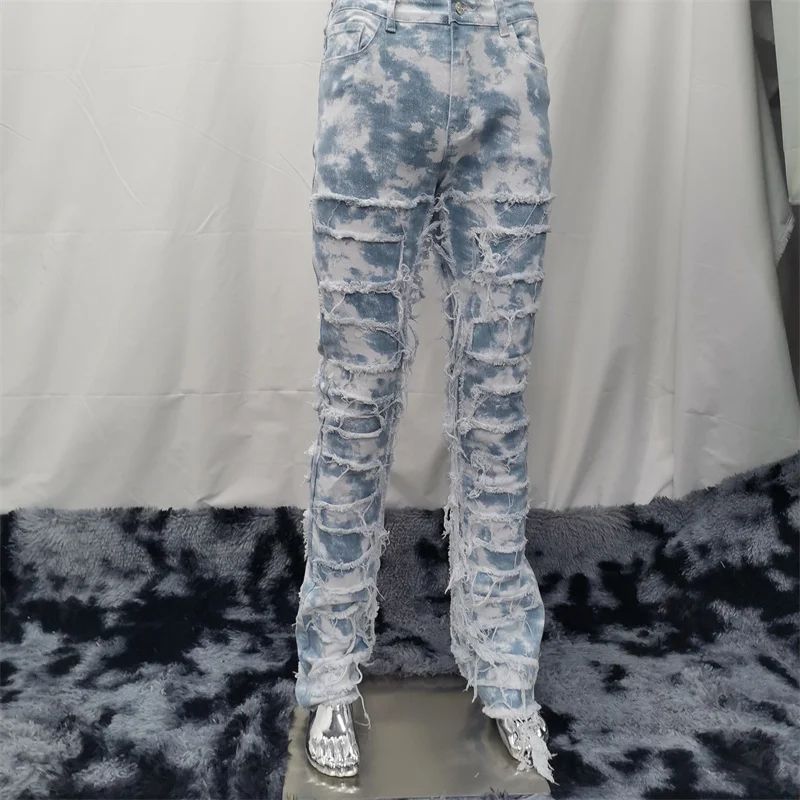 Custom Ripped Distressed Patched Streetwear Washed Camouflage Denim Jeans For Men