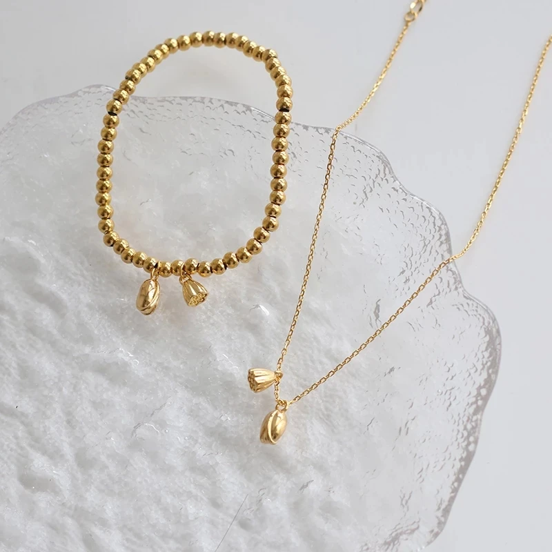 Lotus Seedpod Elastic Gold Bead Bracelet Necklace Long Thin Chain Earring Set Women 18K Stainless Steel Ear Thread Flower Jewels