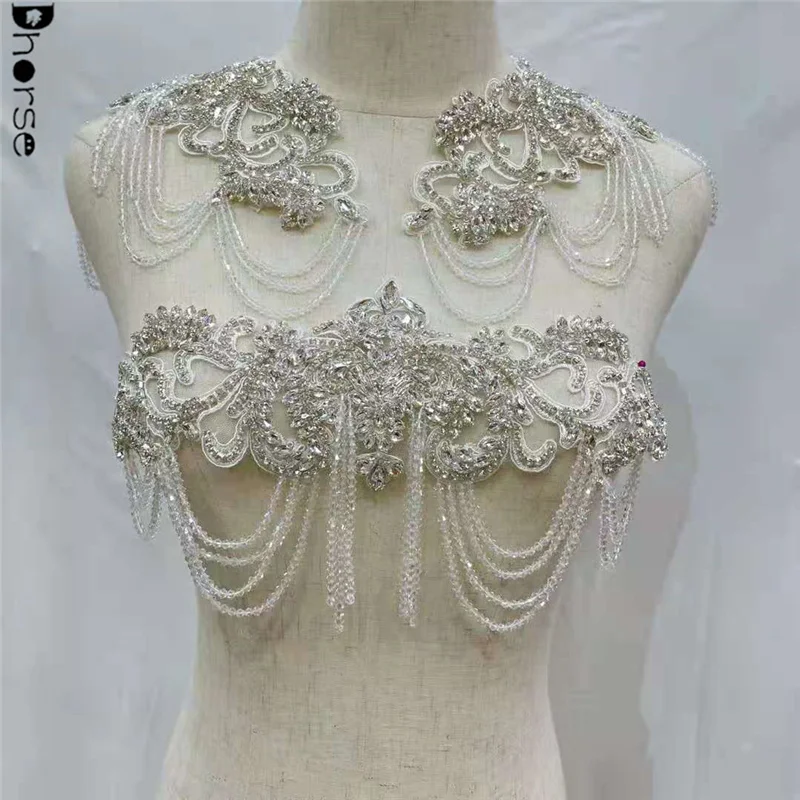 New elegant silver glass beads tassel fringe evening dress white rhinestone bodice applique for bridal