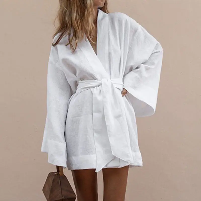 Women Long Blouses 2019 Spring Casual Bandage Cotton Linen Top Ladies Lace-up Loose Shirts Chic Solid White Oversize Blouses